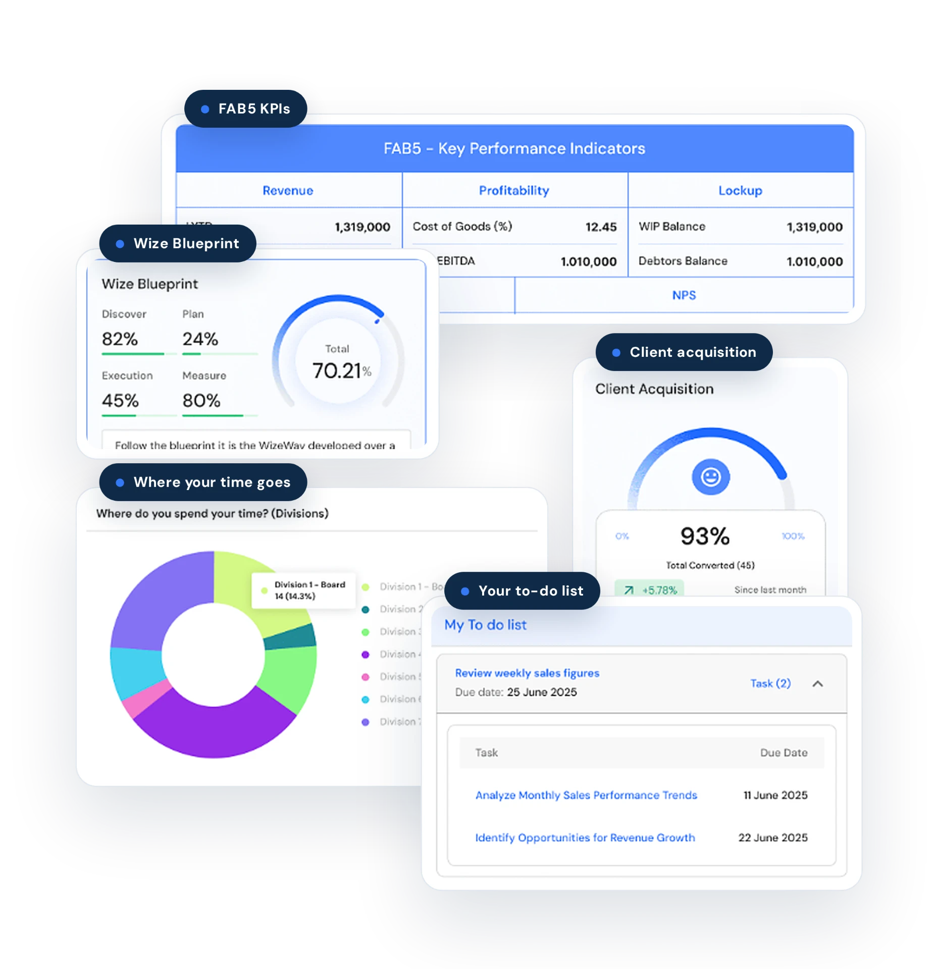 WizeHub dashboards showing FAB5 KPIs, the Wize Blueprint, time allocation, client acquisition and a to-do list