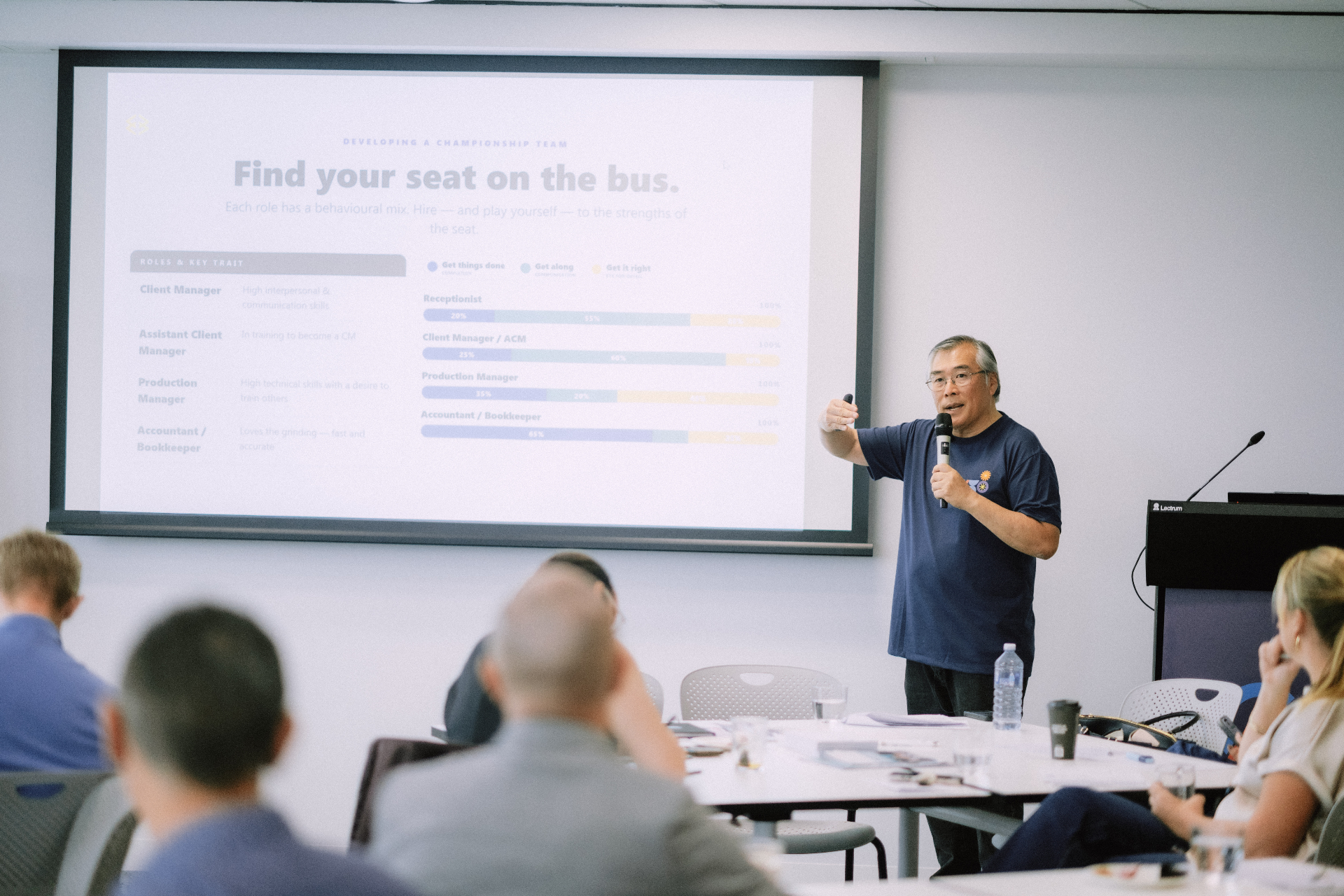 Facilitator presenting beside the Find your seat on the bus workshop slide