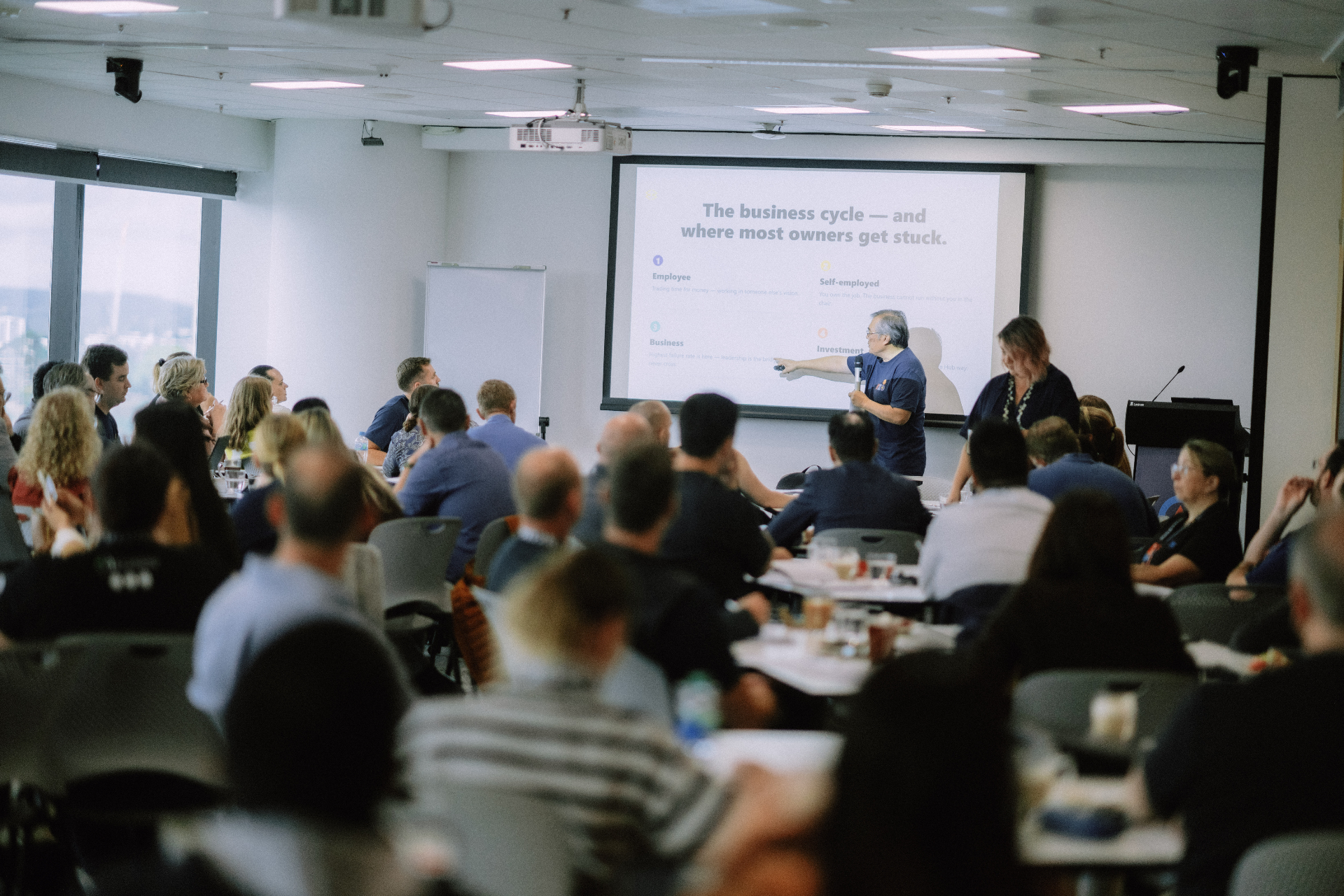 Wide view of the Day 4 workshop room with a facilitator presenting beside the projector screen